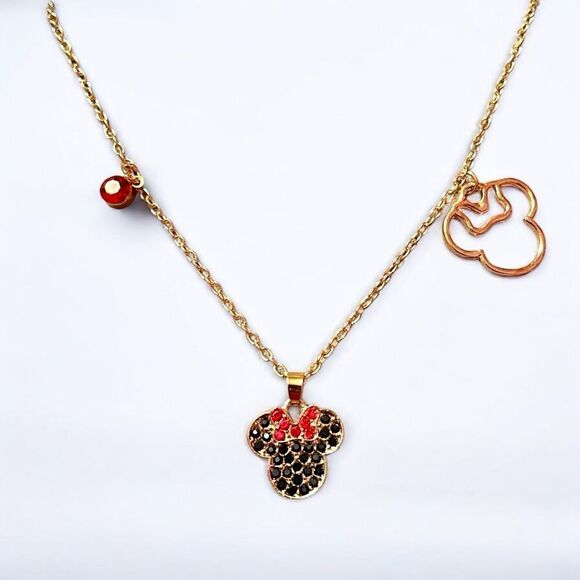 Black And Red Crystal Minnie Mouse Gold Tone Charm Necklace - Picture 1 of 5
